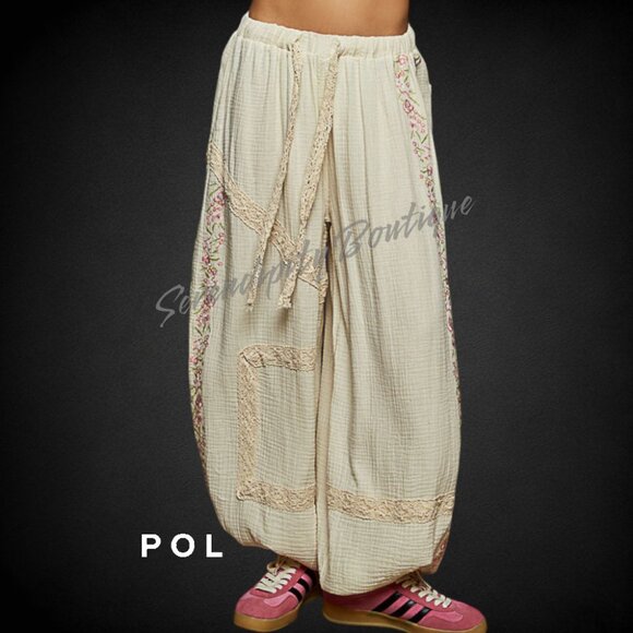 POL Breezy Delicate Lace Embroidered Cotton  Double Gauze Wide Leg Pants - Picture 4 of 9